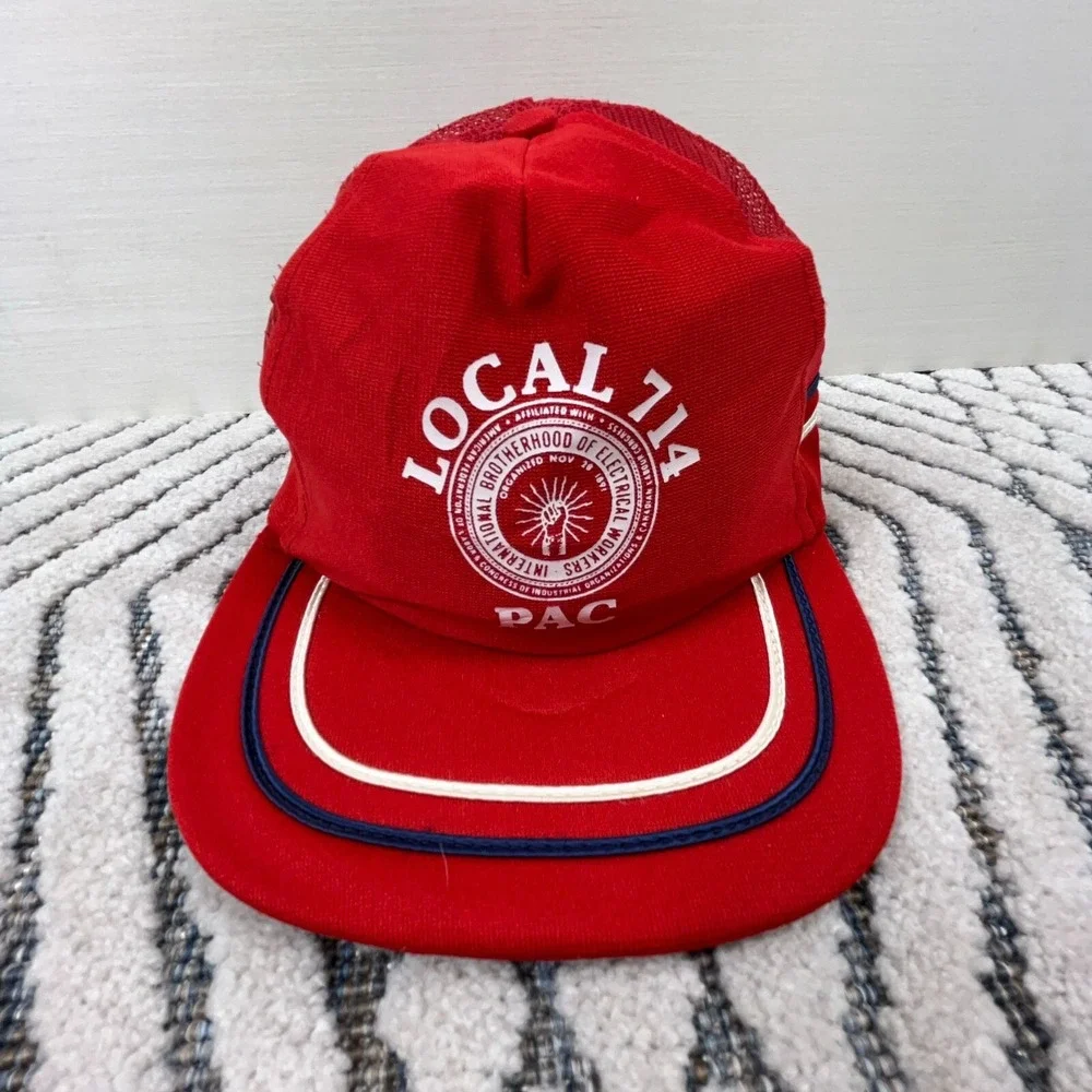 Vintage Trucker Hat Cap Snap Back Red White Blue Side Stripe USA 80s 90s‎ IBEW
